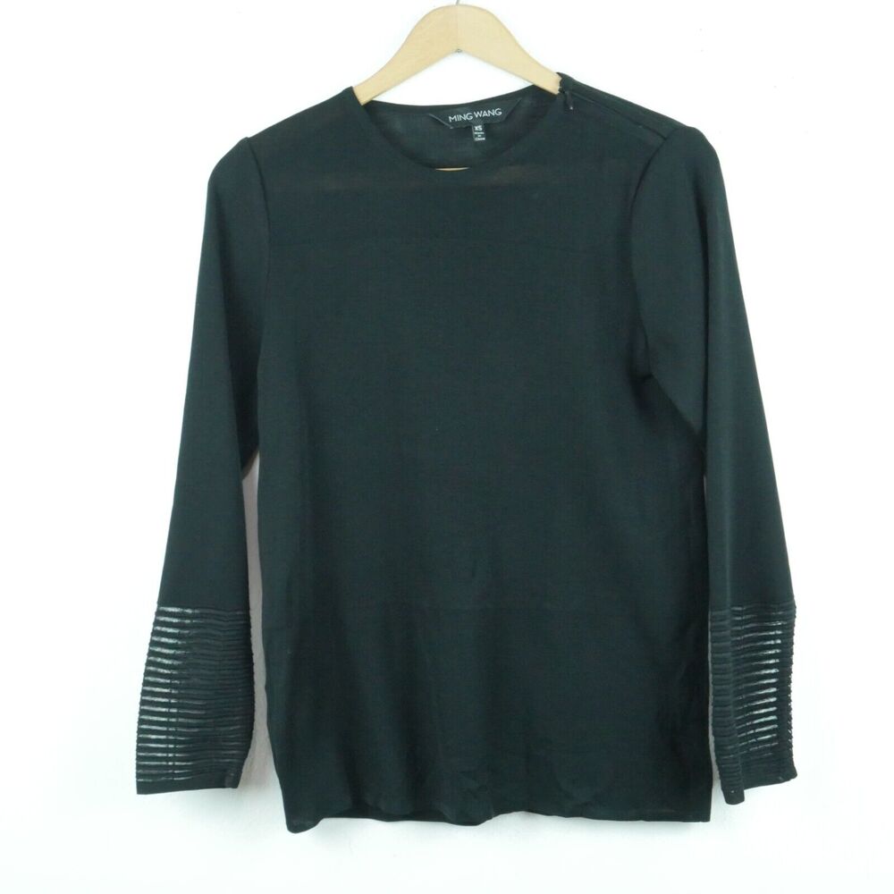 Ming‎ Wang XS Top Black Knit Long Sleeve Sheer Stripe Modern Career Minimal Zip